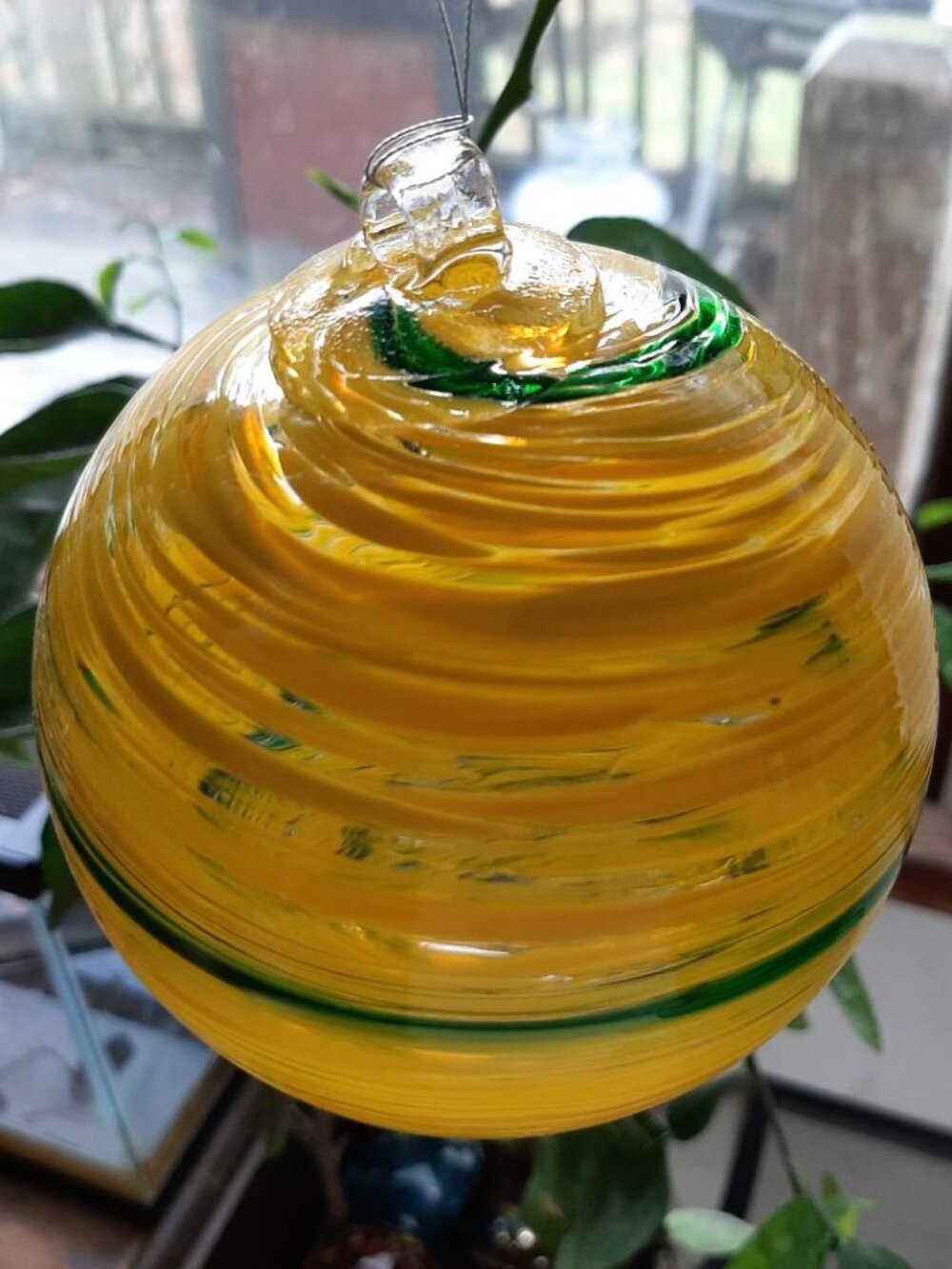 Hanging Glass Ball 4" Diameter Yellow with Green Swirl Friendship Ball HB44-1